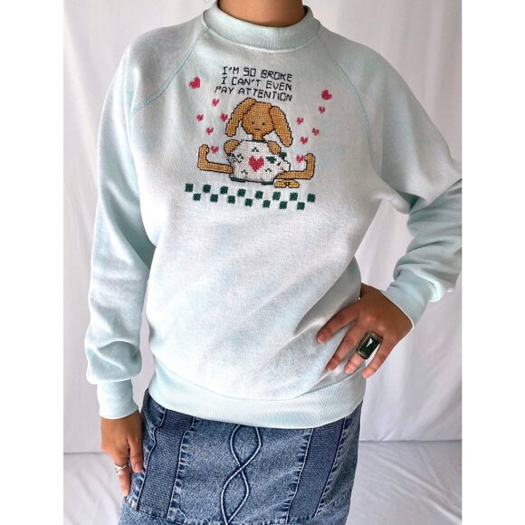 90s vintage animal bunny graphic funny quote cross stitch crewneck sweatshirt - Picture 3 of 7